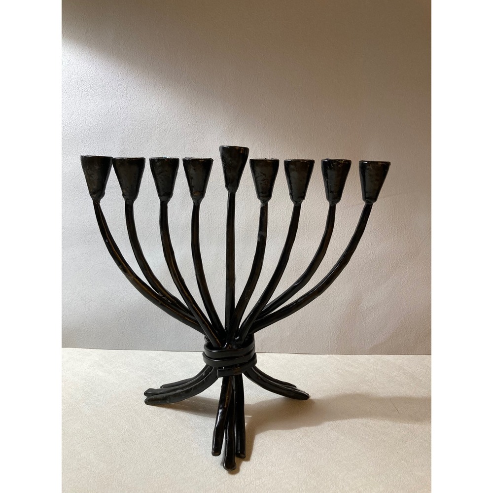 Vintage Wrought Iron Menorah Brutalist Black Forged Hanukkah Chanukiah 8.5"